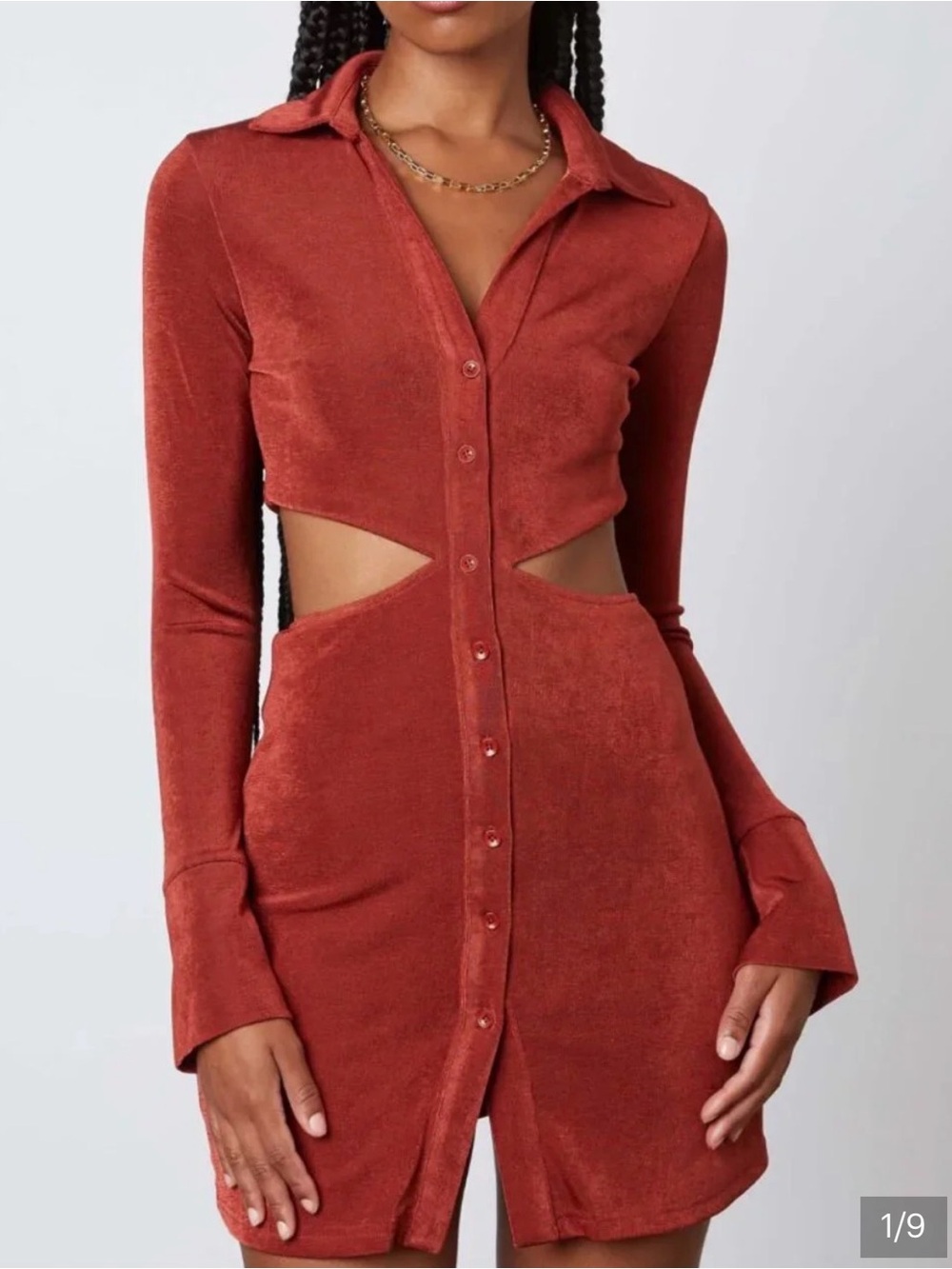 Cutout Button-Front Mini Dress in Rust